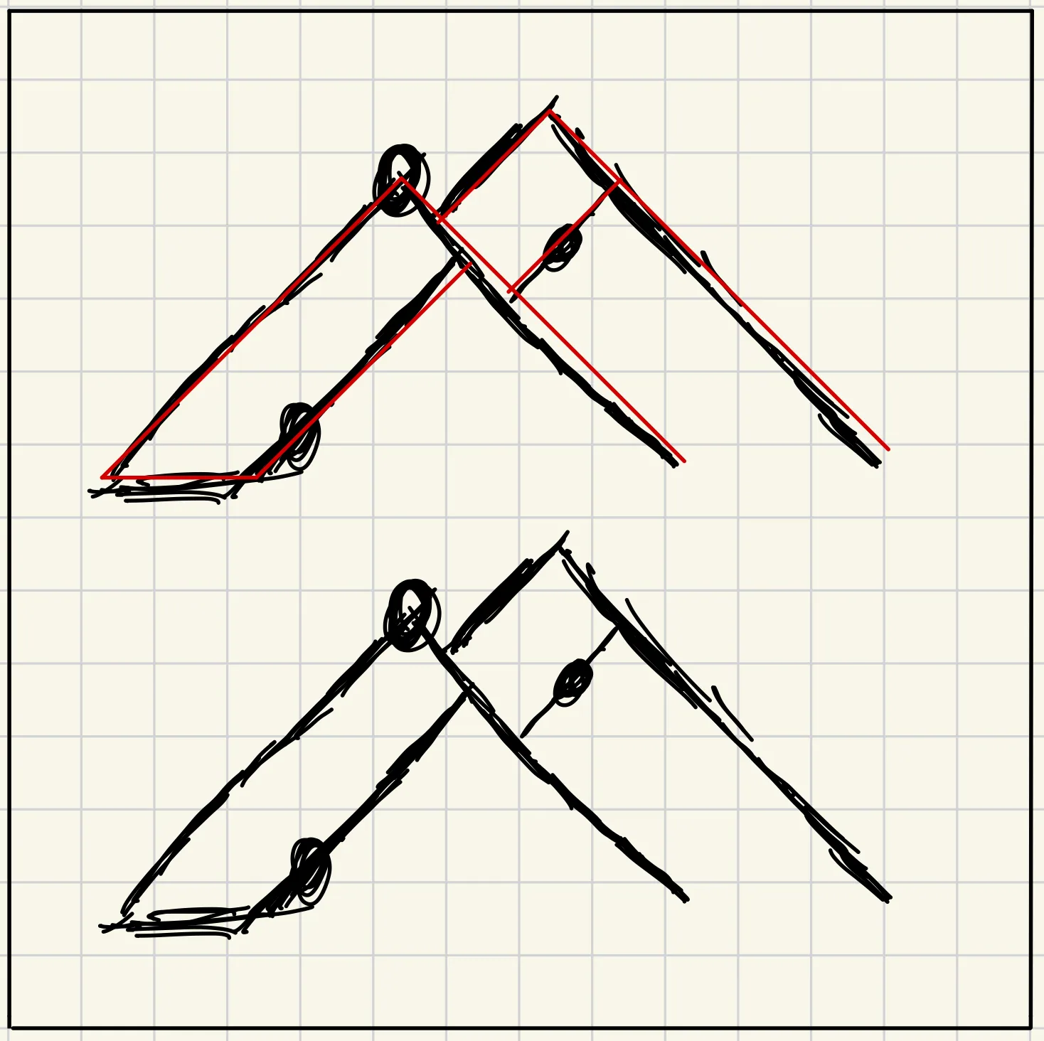 Pencil sketches on grid paper: two versions of a double peak with nodes on its slopes, one traced over in red
