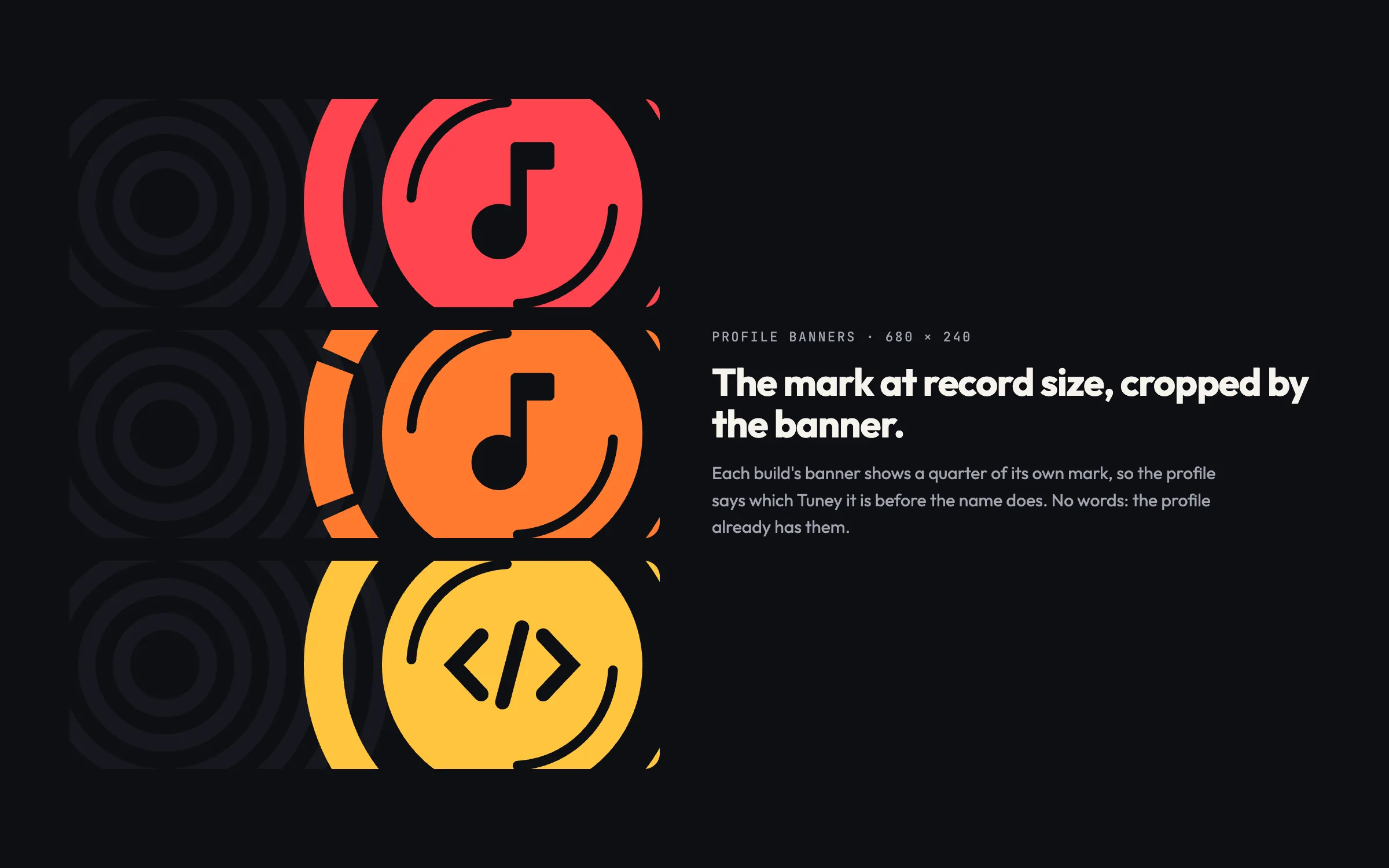Three profile banners, each showing a cropped quarter of its build’s mark over faint rings: coral, tangerine and yellow
