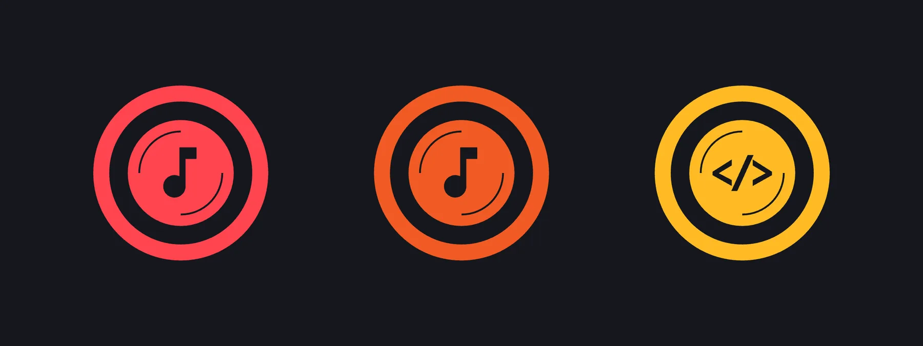 Tuney’s first icons: a coral ring round a disc with a note, the same in orange for staging, and in yellow with code brackets for dev