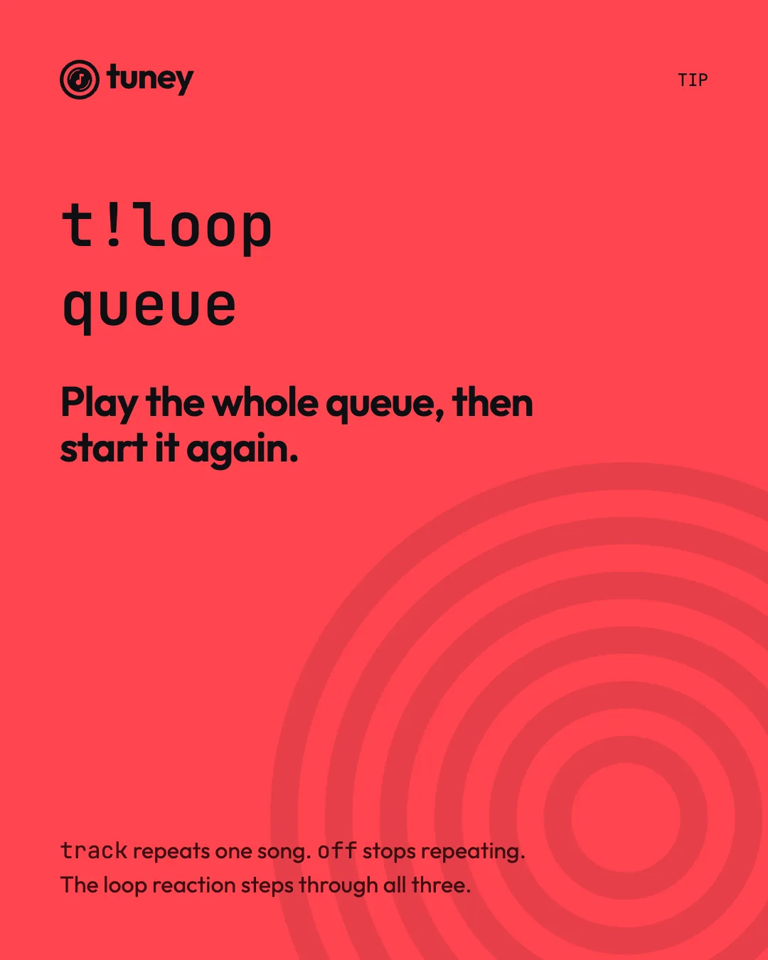 A tip post on coral: t!loop queue, Play the whole queue, then start it again