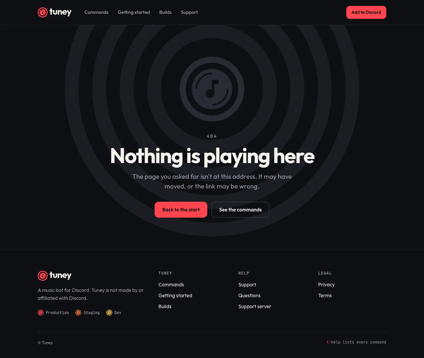 The 404 page: the mark in grey on rings, Nothing is playing here, and two buttons