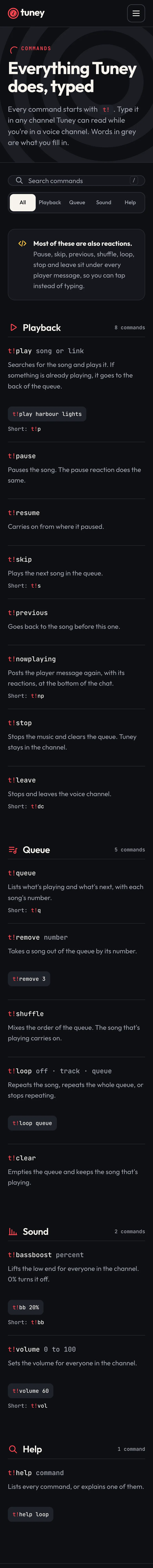 The commands page on a phone, the groups stacked, each command with its example and short form