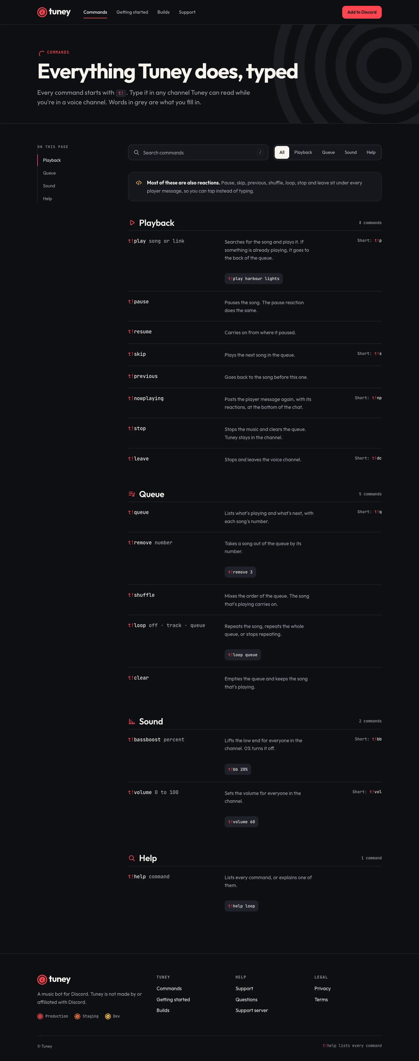 The commands page: a search box, a table of contents, and every command grouped under Playback, Queue, Sound and Help