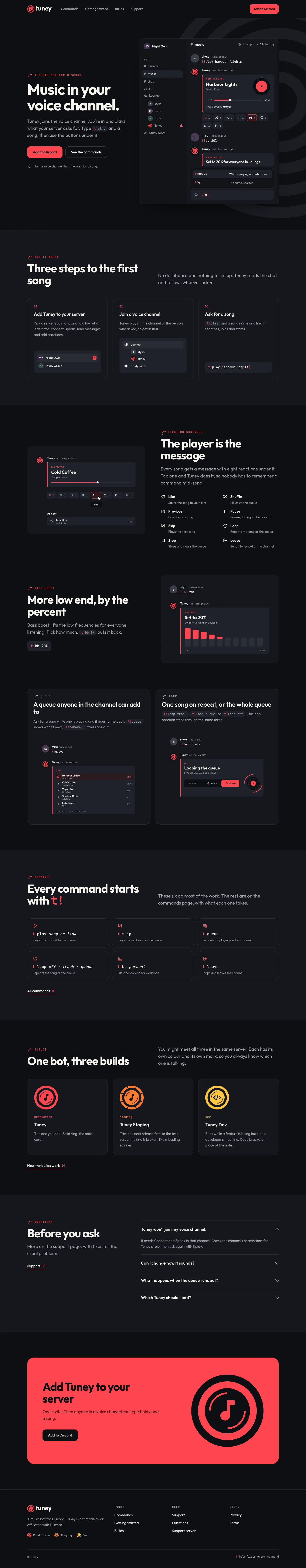 Tuney’s home page as designed: Music in your voice channel beside a chat where Tuney plays a song, then three steps, the reaction controls, bass boost, queue and loop, the commands, the builds, questions and a coral closing band