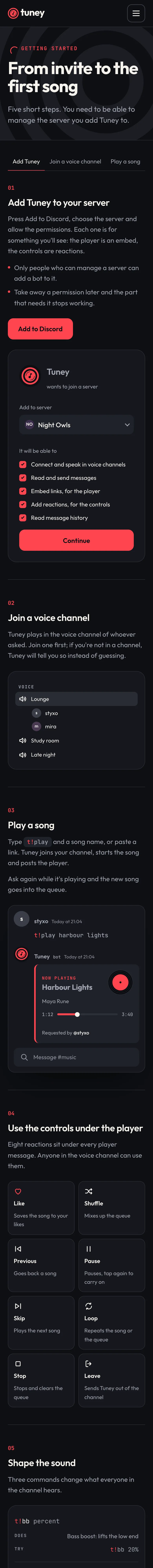 The getting started page on a phone: the steps one under another, the invite screen and the player