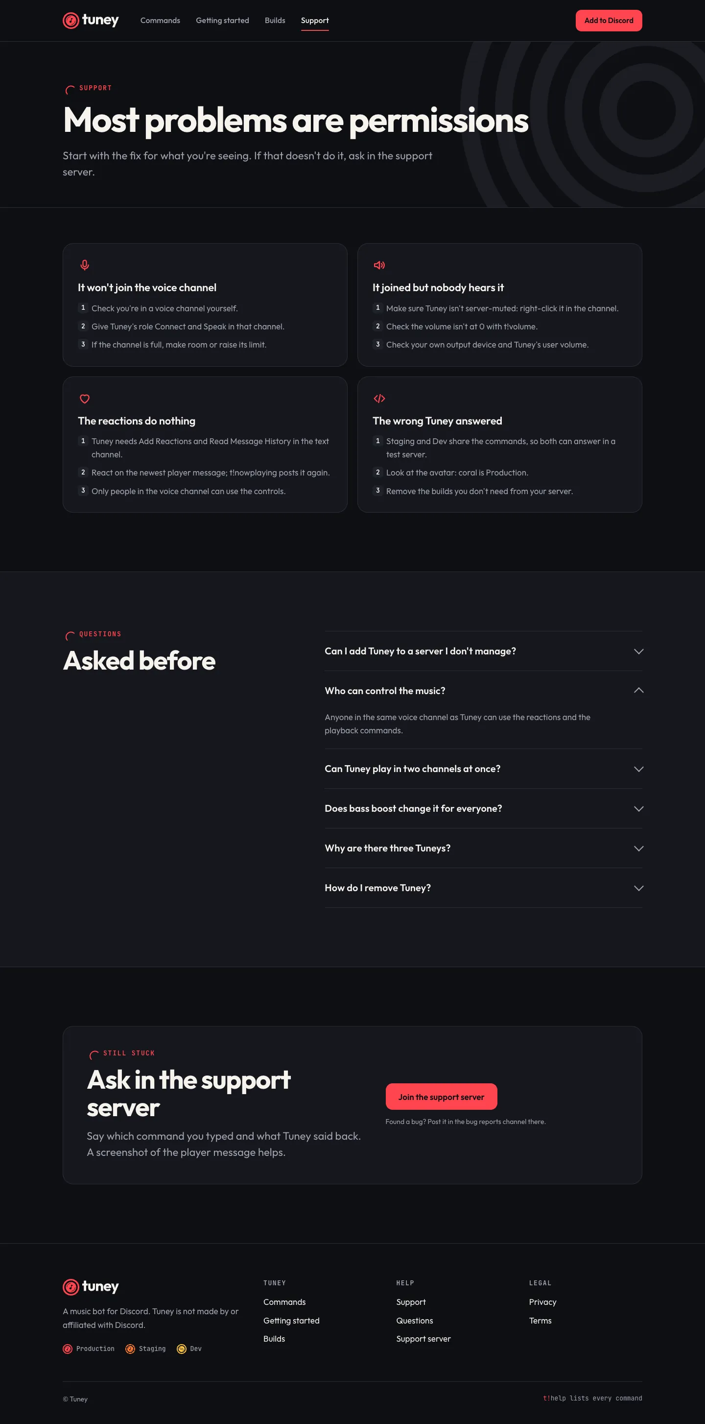 The support page: four problems with their fixes, questions, and a card pointing to the support server