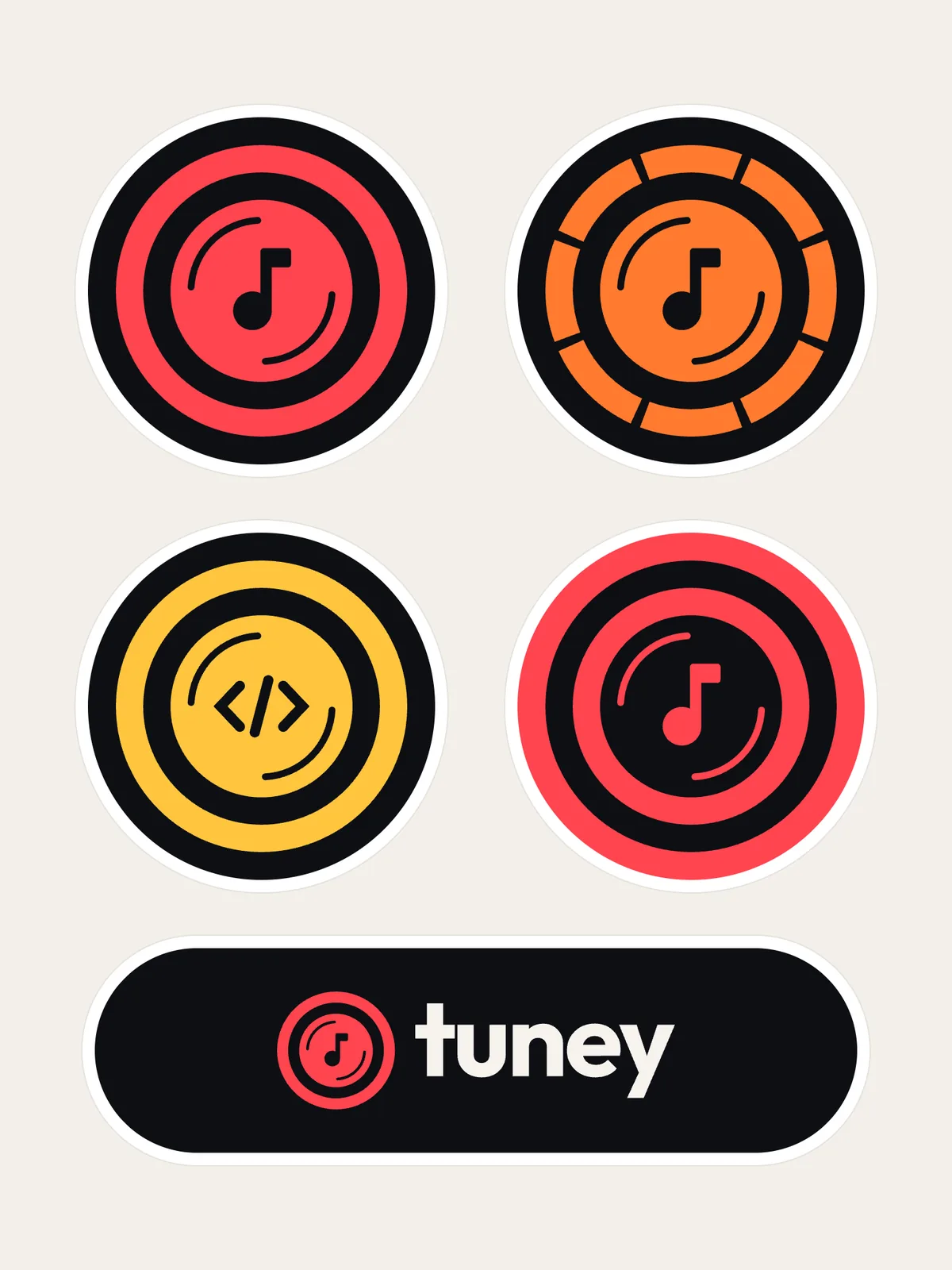 A sticker sheet: round stickers of the production, staging and dev marks and the mark in night on coral, and the horizontal lockup