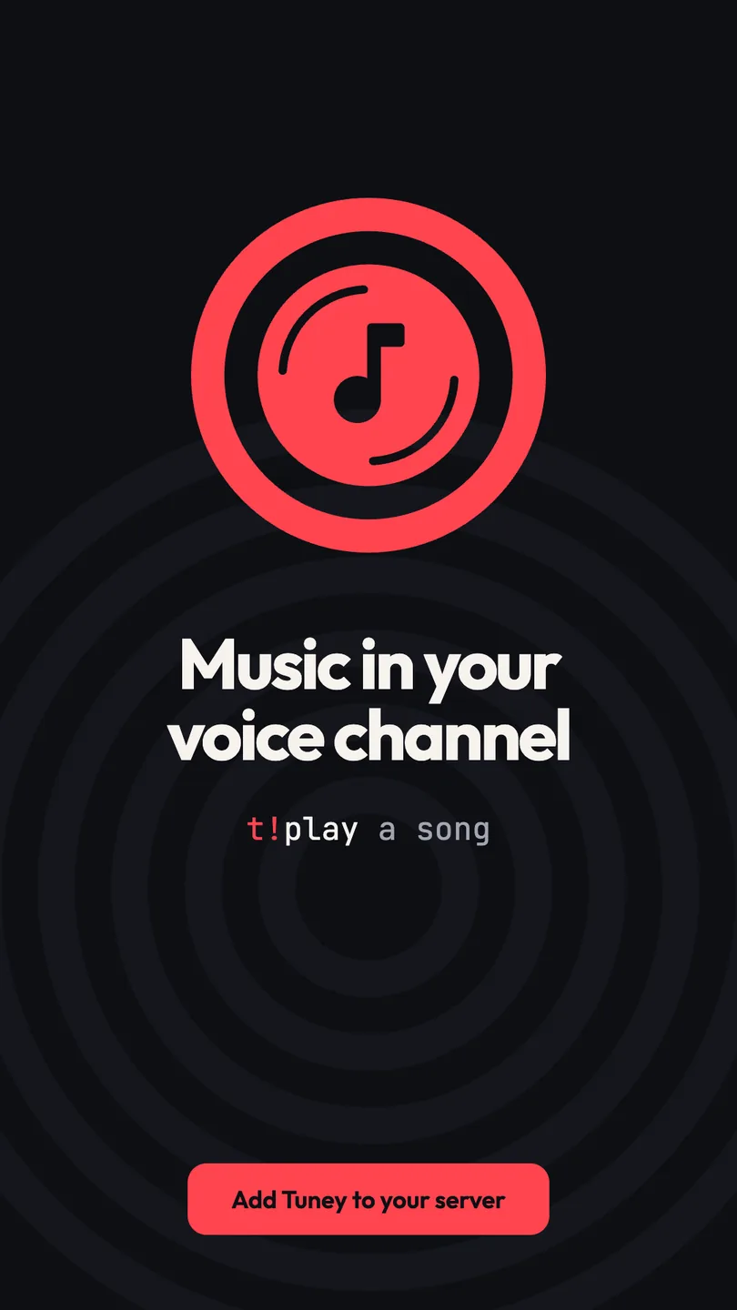 A story: the mark on rings, Music in your voice channel, t!play a song, and Add Tuney to your server
