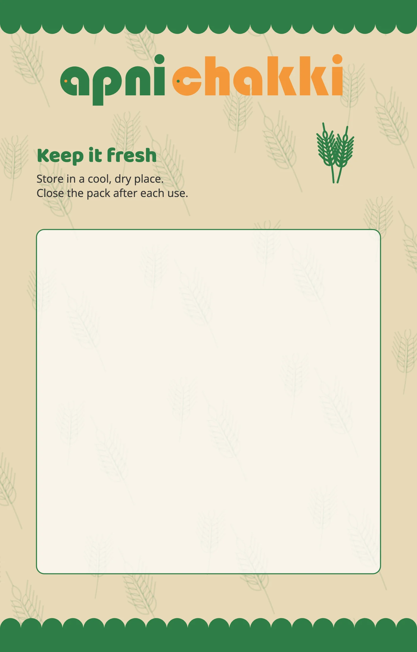 The back of the 1 kg pouch: the wordmark, storage lines, and a framed box kept for the statutory details