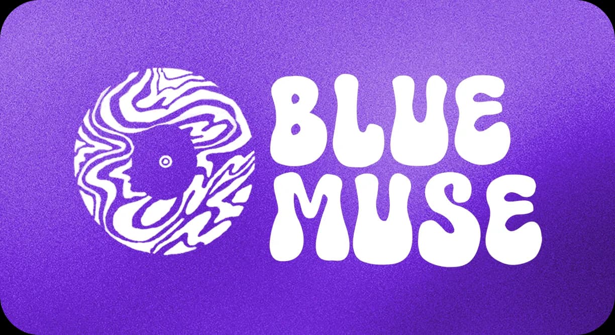 The BlueMuse logo in white on violet: a marbled record with a face in it, beside the bubble wordmark.