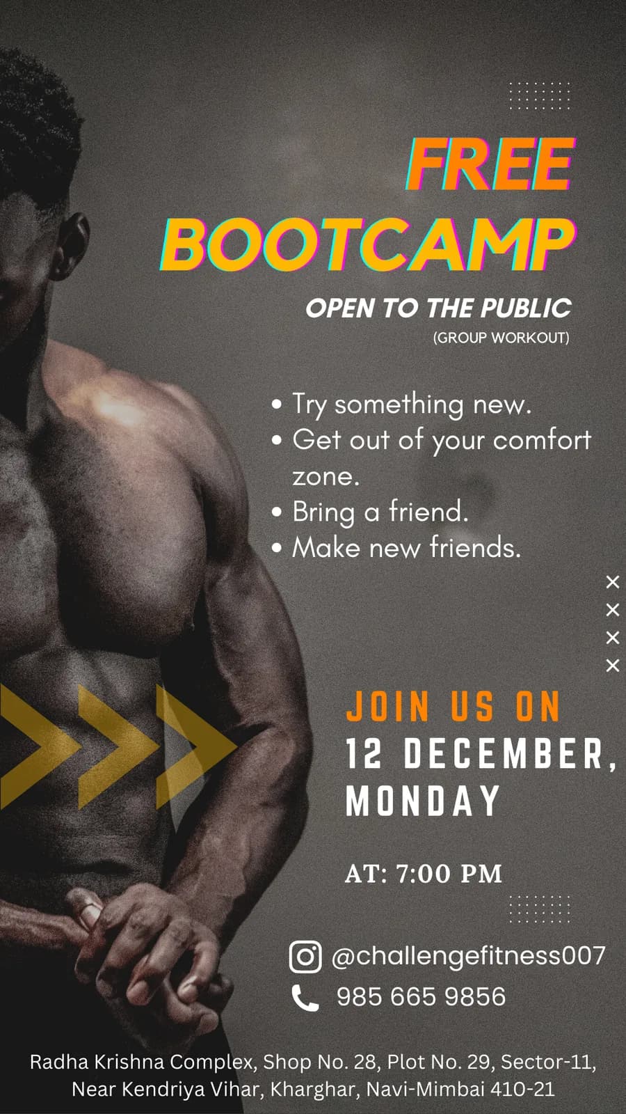 Free Bootcamp story: FREE BOOTCAMP in orange and yellow over a man flexing, four reasons to come, and the date