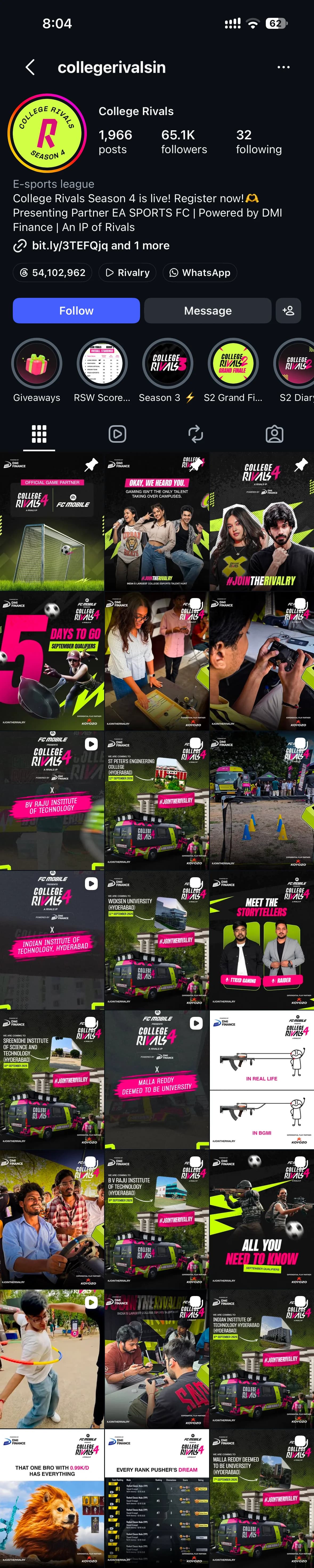 The College Rivals Instagram profile in September 2026: the Season 4 badge, 1,966 posts and 65.1K followers, a bio naming EA Sports FC and DMI Finance, highlights for Season 3 and the Season 2 grand finale, then eight rows of posts: campus visit announcements and September qualifier countdowns for Season 4, photos from the events and gaming memes.