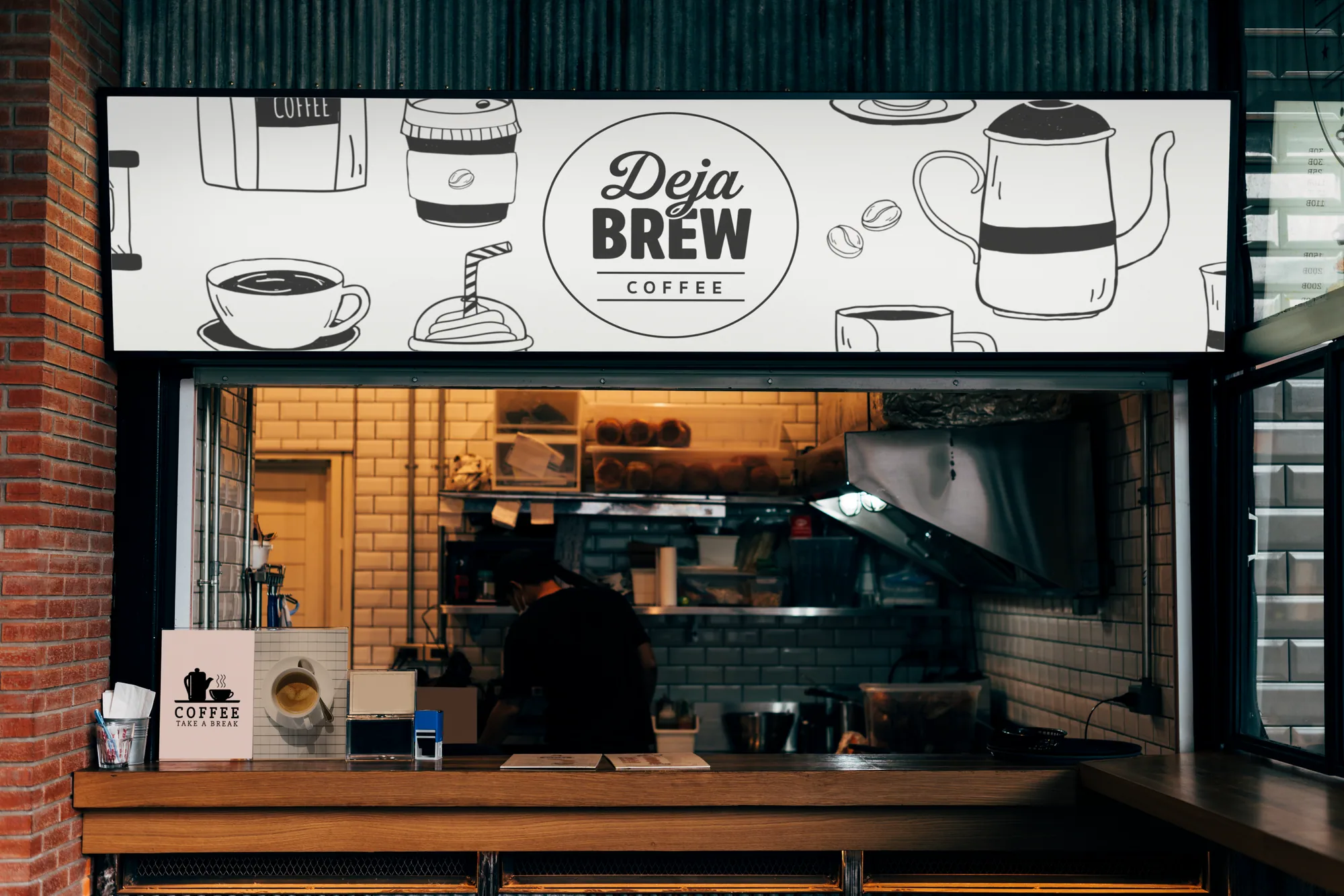 Mock-up: a kiosk with the badge on a fascia of hand-drawn coffee doodles.