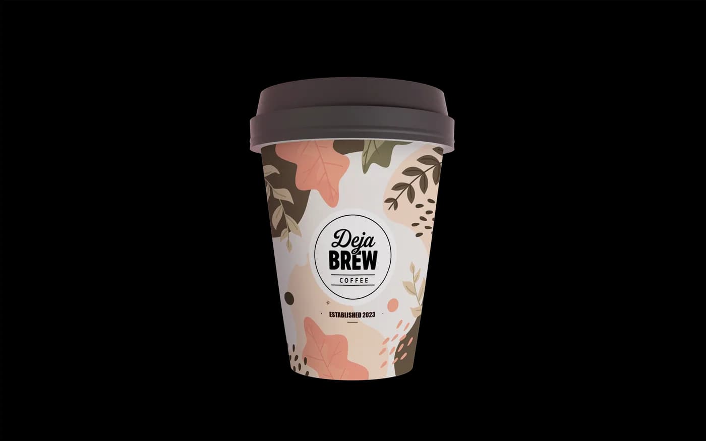 Deja Brew's takeaway cup: leaves and blotches in terracotta and brown, with the round black-and-white badge.