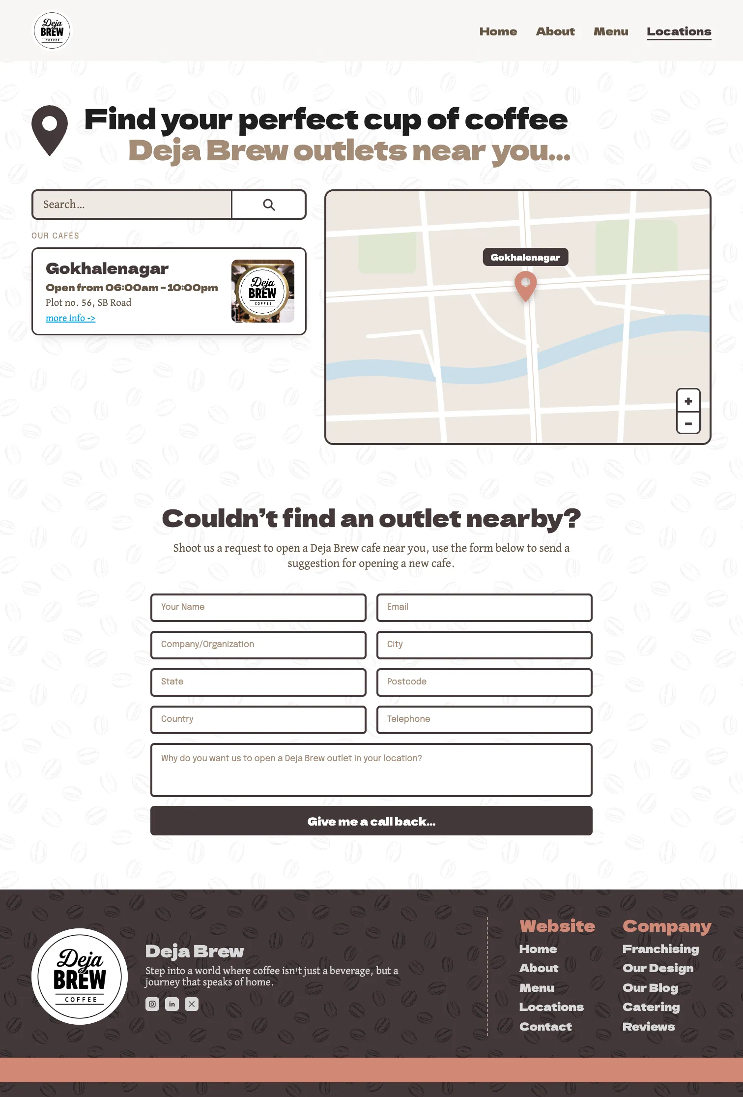 The finished locations page: Find your perfect cup of coffee, a search box and the Gokhalenagar café card beside a map with its pin, then Couldn't find an outlet nearby? and the request form.