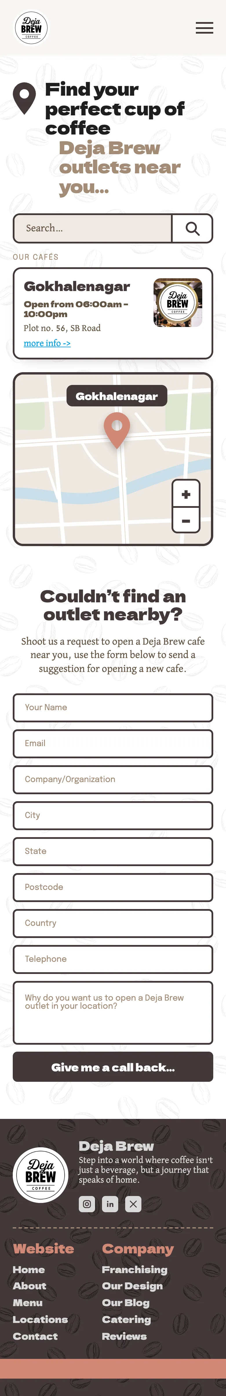 The locations page on a phone: the search, the Gokhalenagar café, the map and the request form.