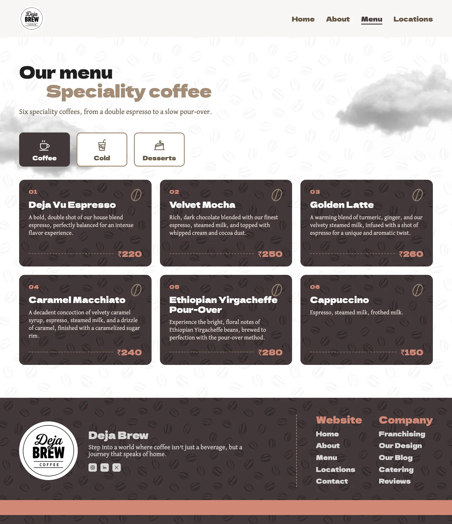 The finished menu page: Our menu, Speciality coffee, three counters (Coffee, Cold, Desserts) and six dark brown cards from Deja Vu Espresso at ₹220 to Cappuccino at ₹150.