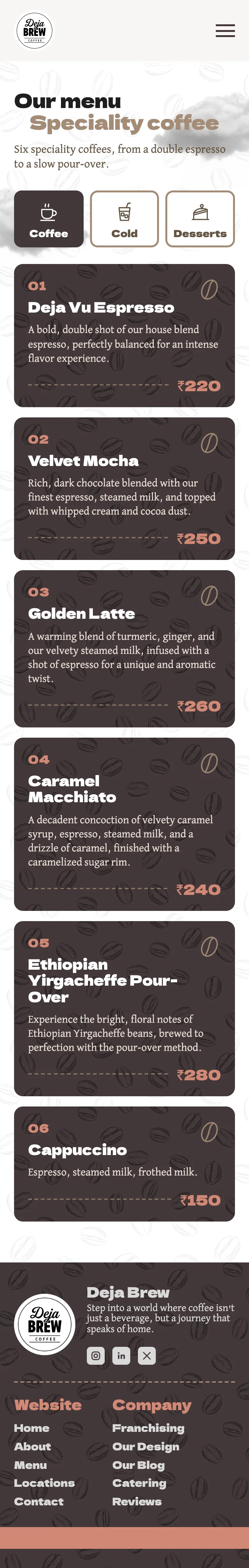 The menu page on a phone, one card per row.