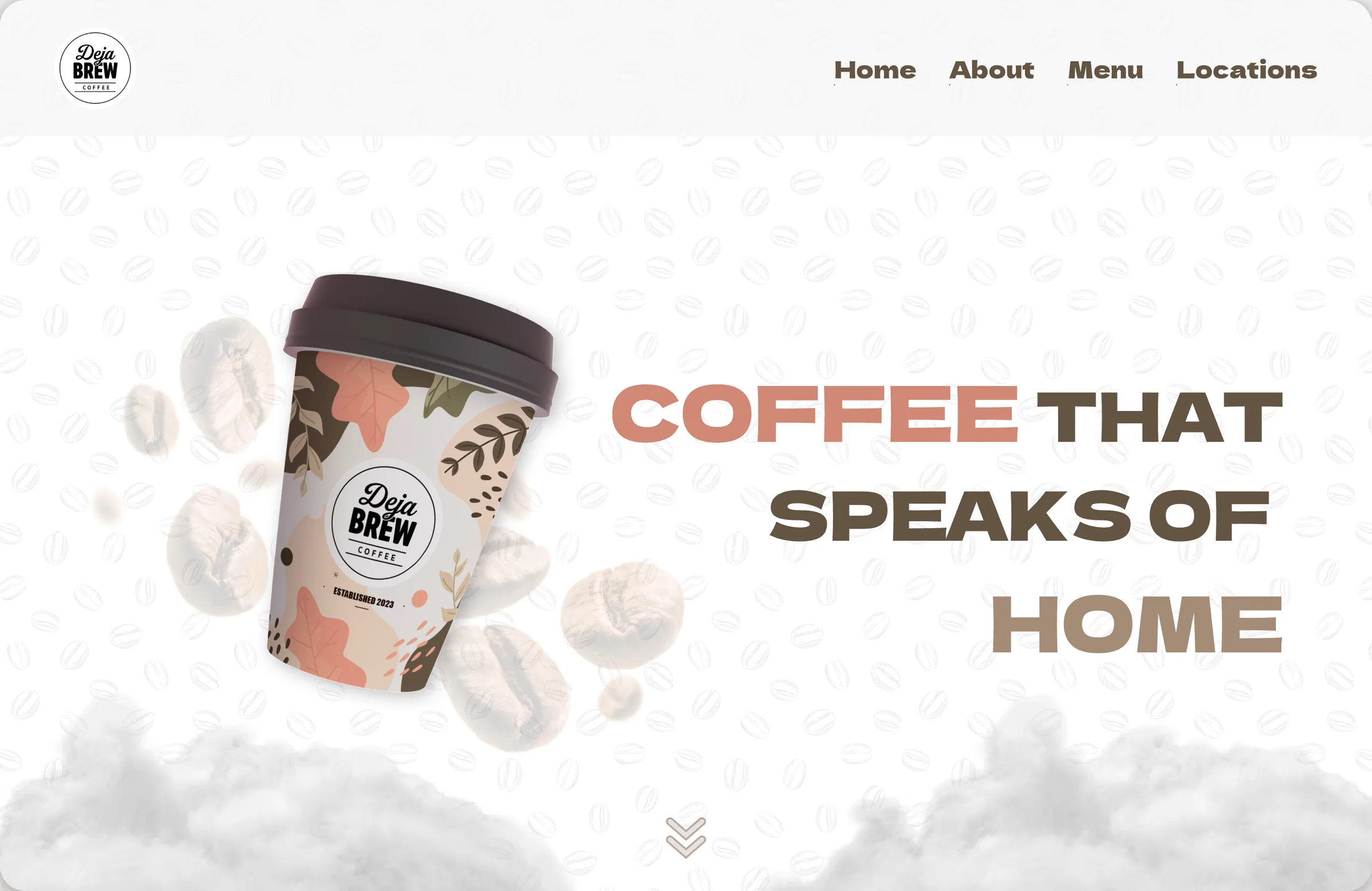 The home page's first screen: the Deja Brew badge and navigation, the patterned cup floating among beans, and 'Coffee that speaks of home'.
