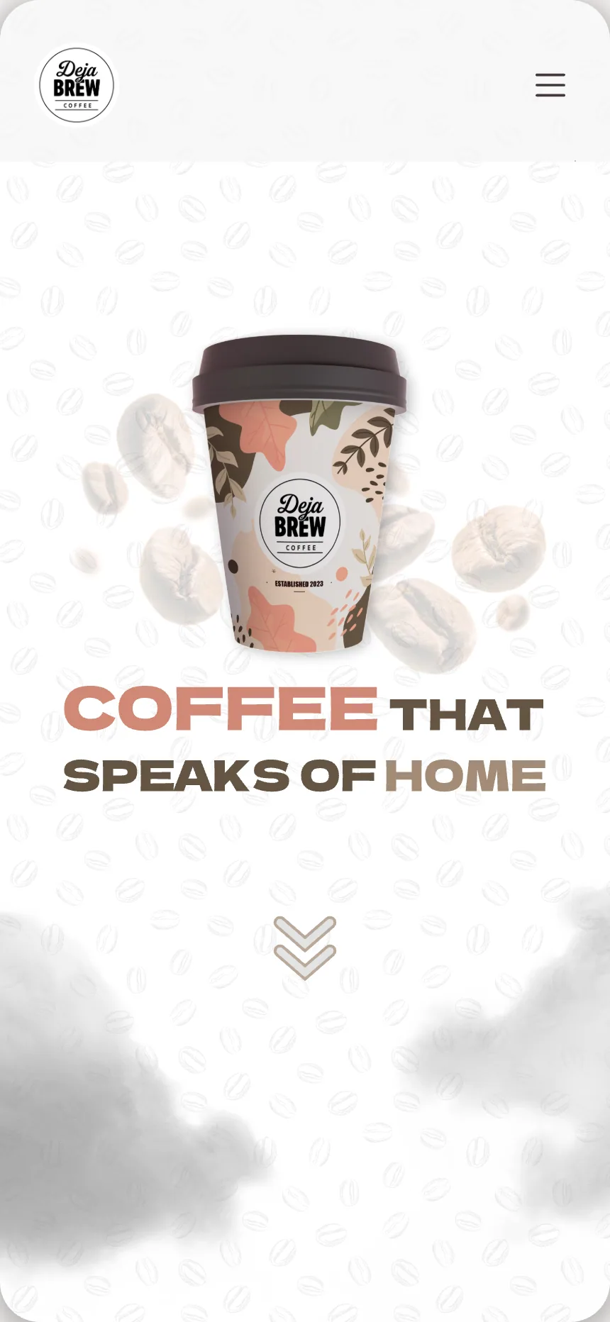 The phone home page's first screen: the badge, the floating cup and 'Coffee that speaks of home'.