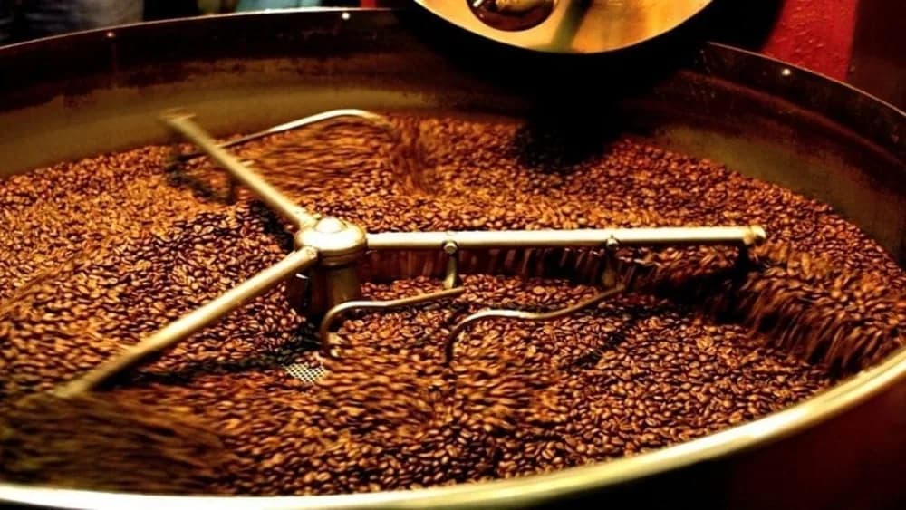 Coffee beans turning in a steel drum.