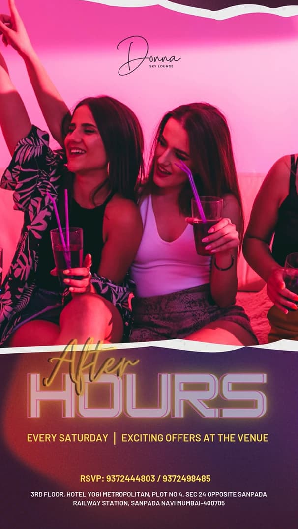After Hours story: friends with drinks in pink light, 'After' in gold script over 'Hours' in outlined neon type, 'Every Saturday', the RSVP numbers and address