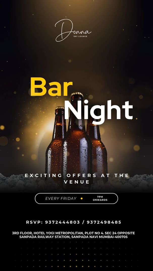 Bar Night story: 'Bar' in gold and 'Night' in white over three cold beer bottles in golden light, 'Every Friday, 7pm onwards', the RSVP numbers and address