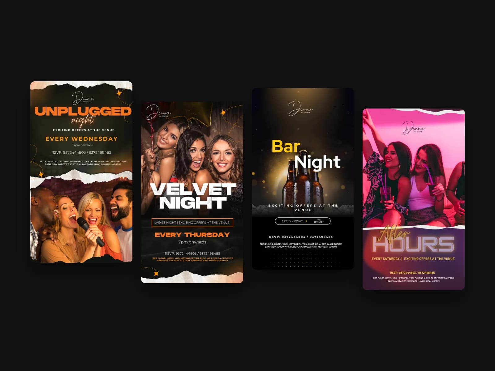 Donna Sky Lounge's four weekly stories in a row: Unplugged, Velvet, Bar Night and After Hours