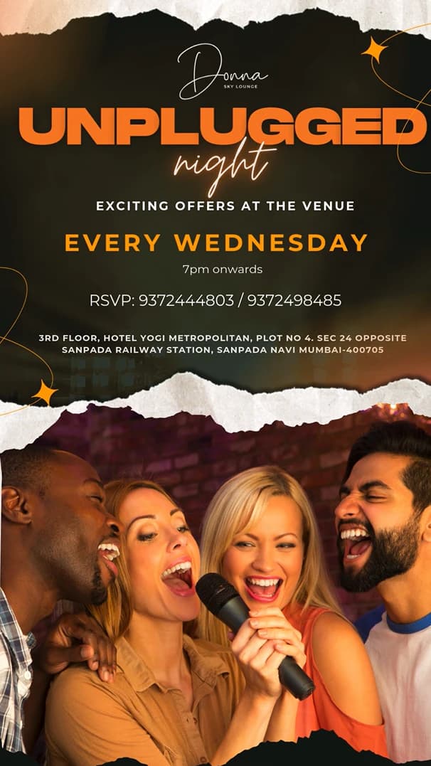 Unplugged Night story: the title in orange between torn-paper strips, 'Every Wednesday, 7pm onwards', the RSVP numbers and address, over a photo of four friends singing into one microphone