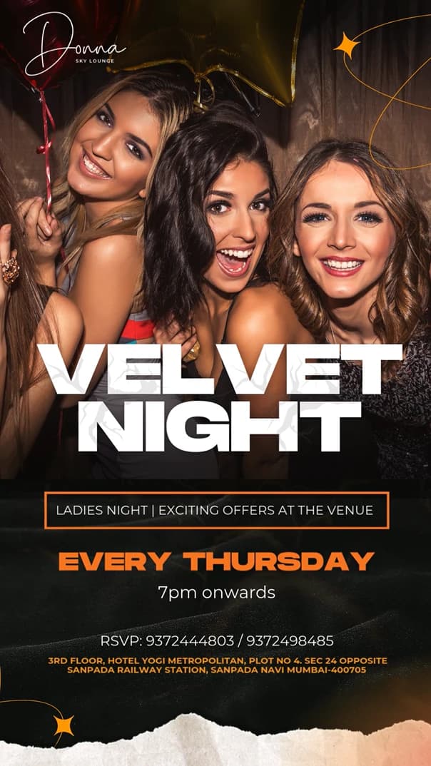 Velvet Night story: three women laughing under the white title, 'Ladies night, exciting offers at the venue' in an orange box, 'Every Thursday, 7pm onwards', the RSVP numbers and address