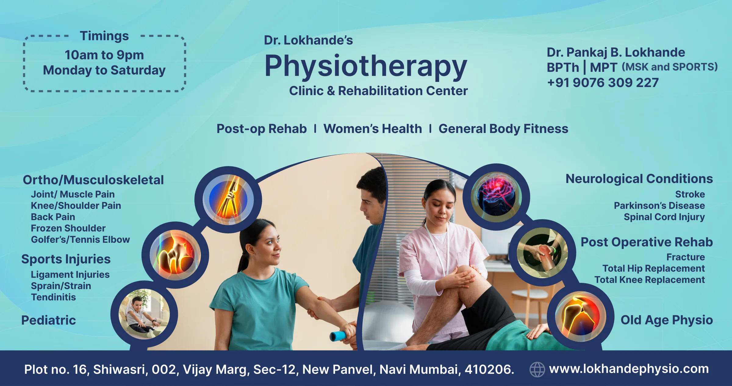 The main board in English: timings, the clinic's name and Dr. Lokhande's details across the top, the treatment groups with round icons around two treatment photographs, and the address on a navy base.