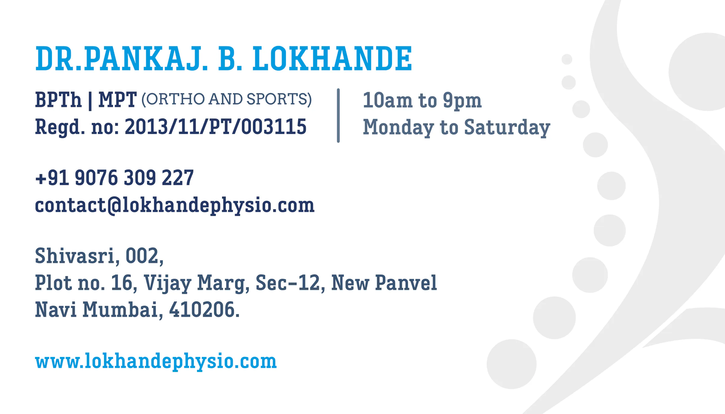 Visiting card back: Dr. Pankaj B. Lokhande's qualifications, registration number, timings, phone, email and New Panvel address, with the spine figure in grey off the right edge.