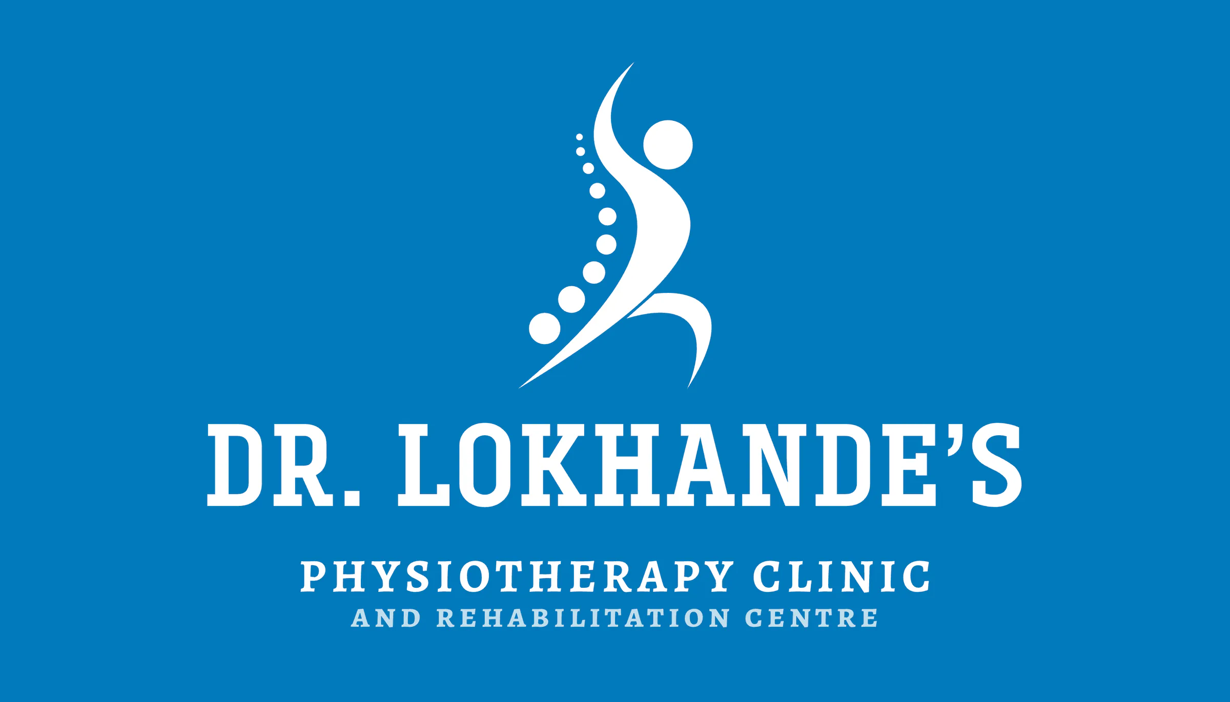 The clinic's visiting card: a white spine-and-figure mark above Dr. Lokhande's name on clinic blue.
