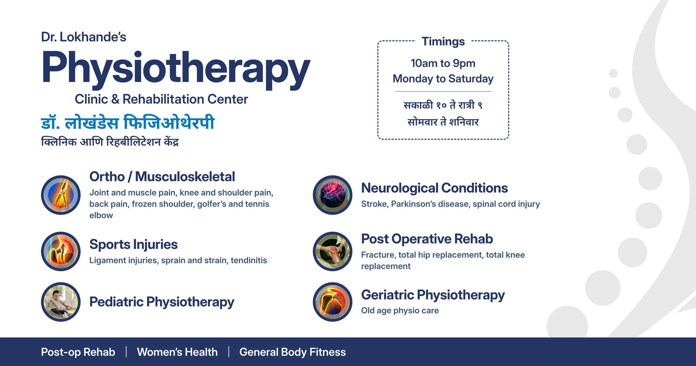Treatment-room wall graphic: the clinic's name in English and Marathi, a timings box in both languages and the six treatment groups with round icons, with the grey spine figure off the right edge.