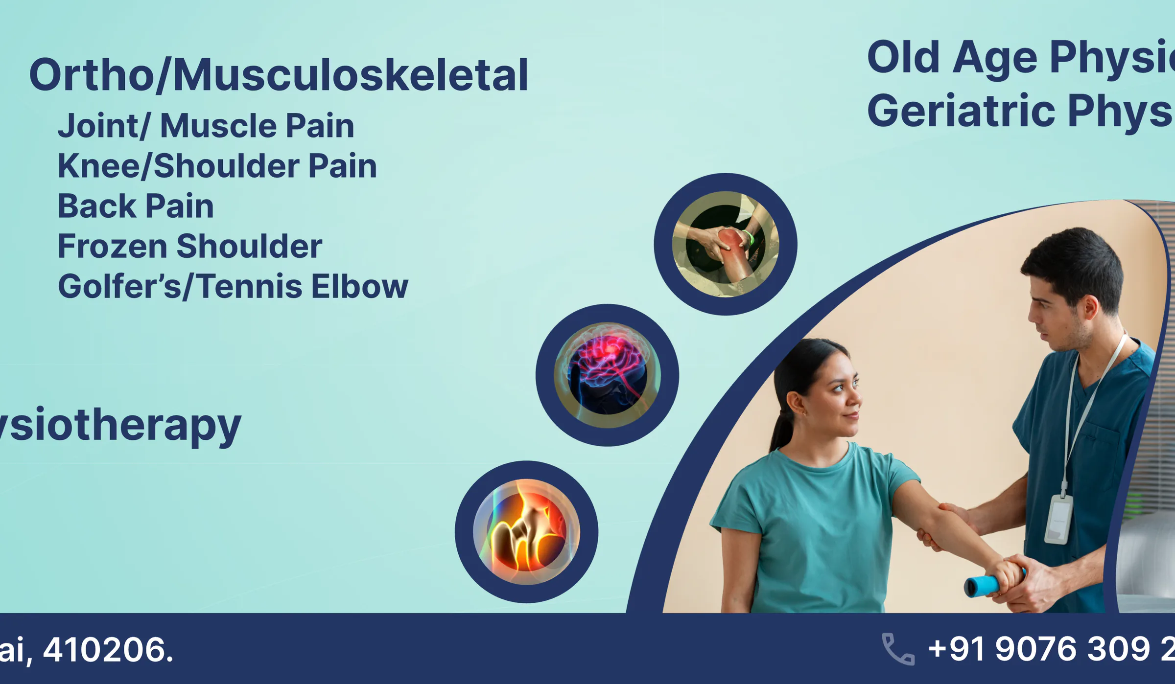 Street banner, middle third: ortho and paediatric care beside round icons and a treatment photograph.