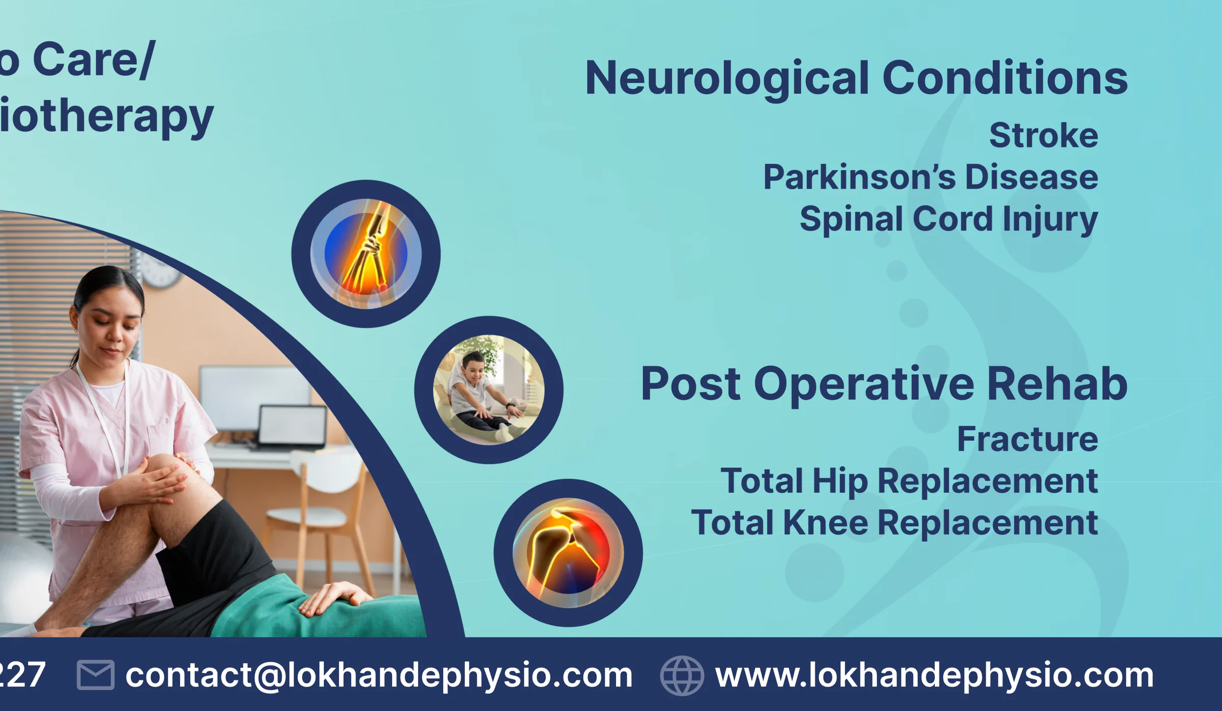 Street banner, last third: neurological and post-operative care, and the address, phone, email and website on a navy base.