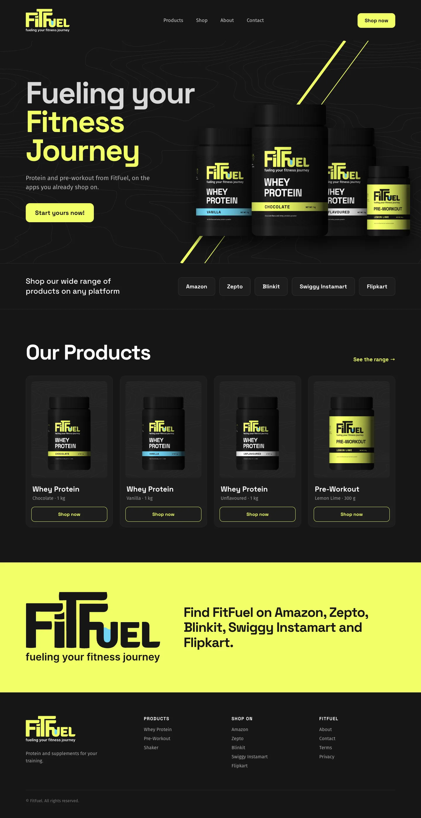 FitFuel's desktop home page: the headline beside the tubs, a row of shopping apps, four product cards, a lime band and the footer