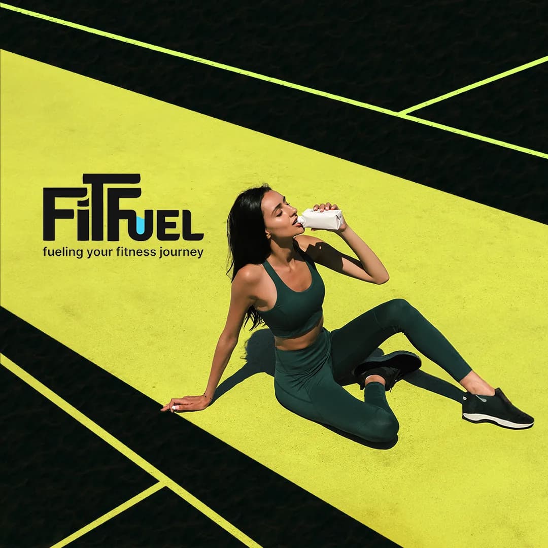 A post: a woman resting on a lime court marked with black lines, the wordmark beside her
