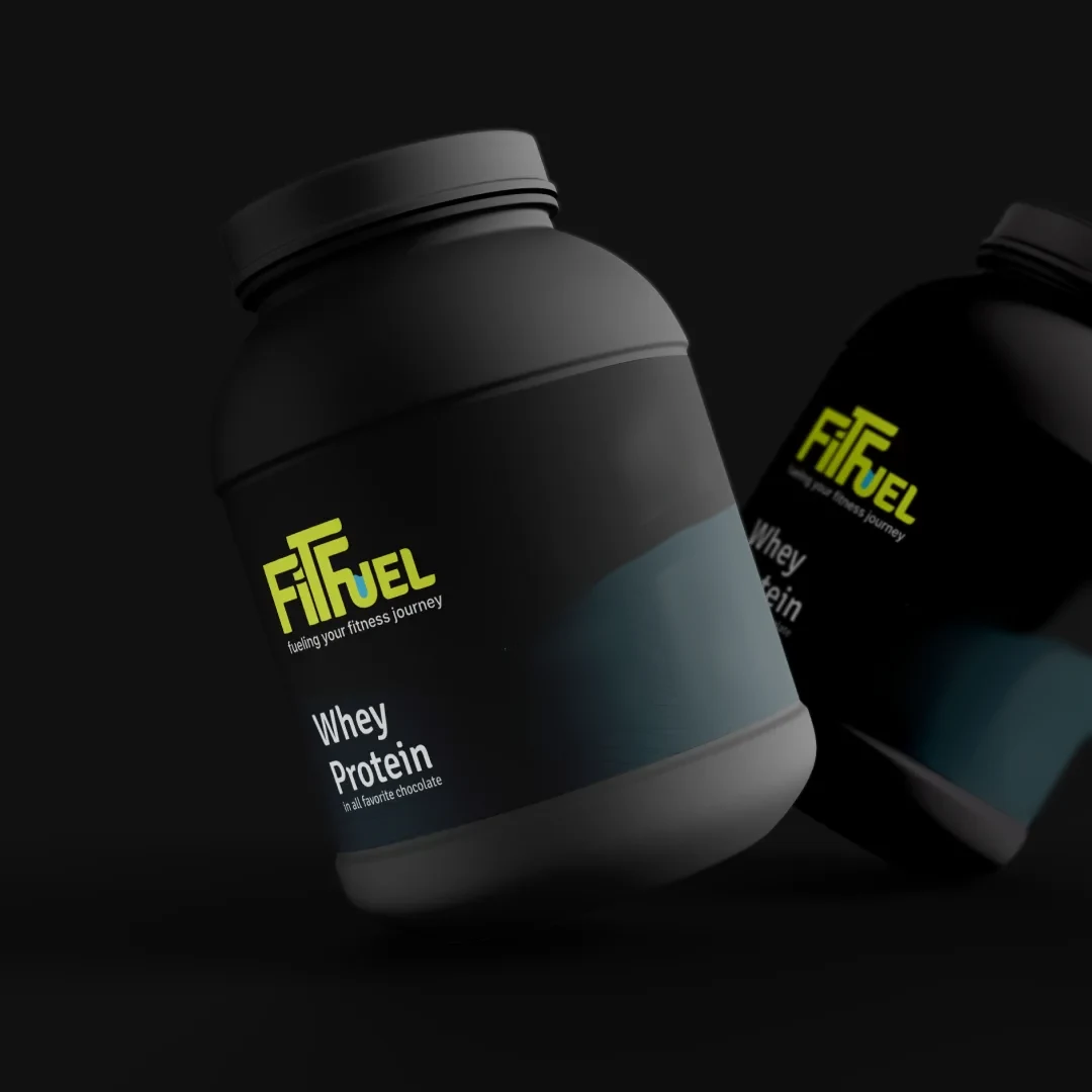 The first whey tub: black, with the lime wordmark and “Whey Protein” in white