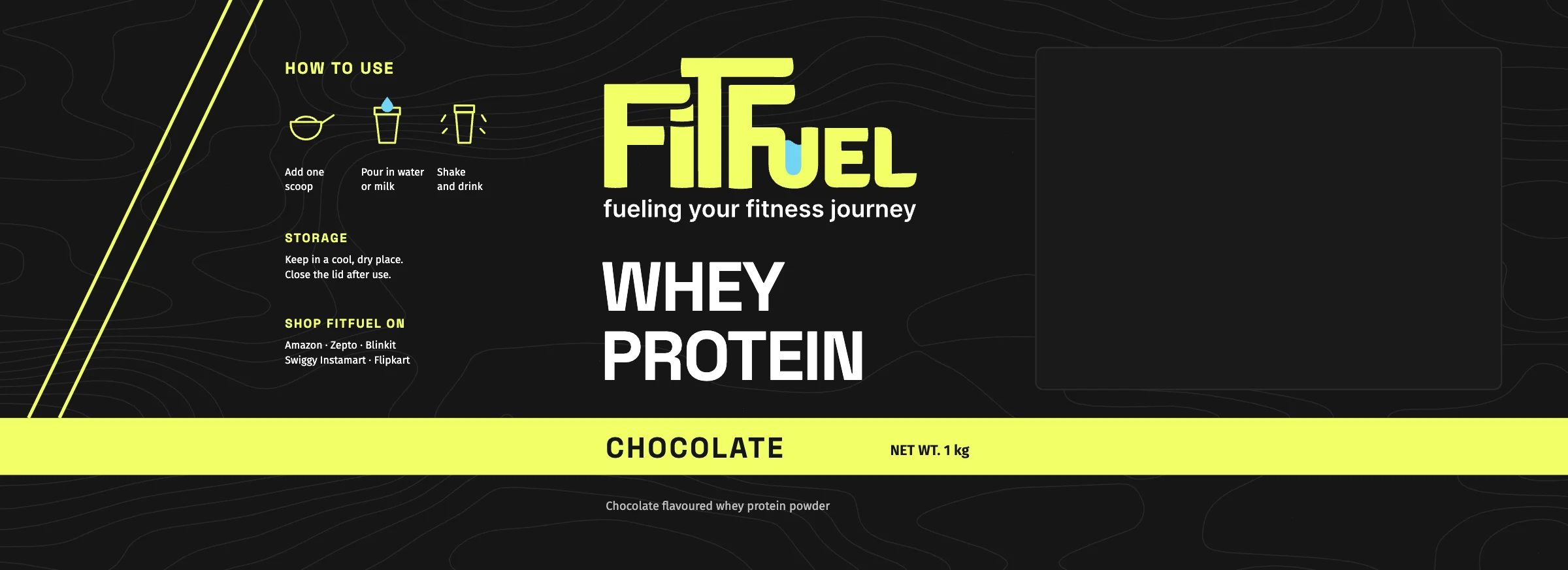 The chocolate whey label, flat: how to use on the left, the wordmark and “Whey Protein” in the middle, a lime band across the bottom