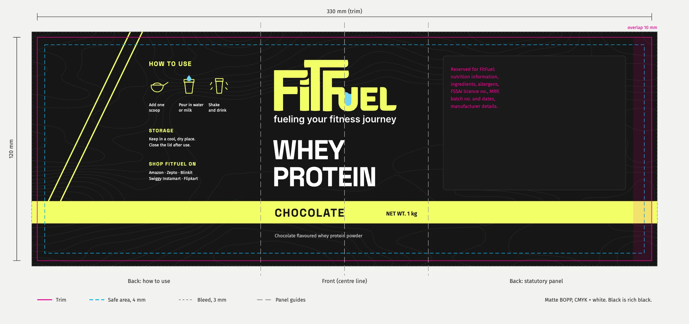 The whey label's print file: the artwork inside magenta trim and cyan safe lines, marked 330 by 120 mm, with a 10 mm overlap and the back panel reserved