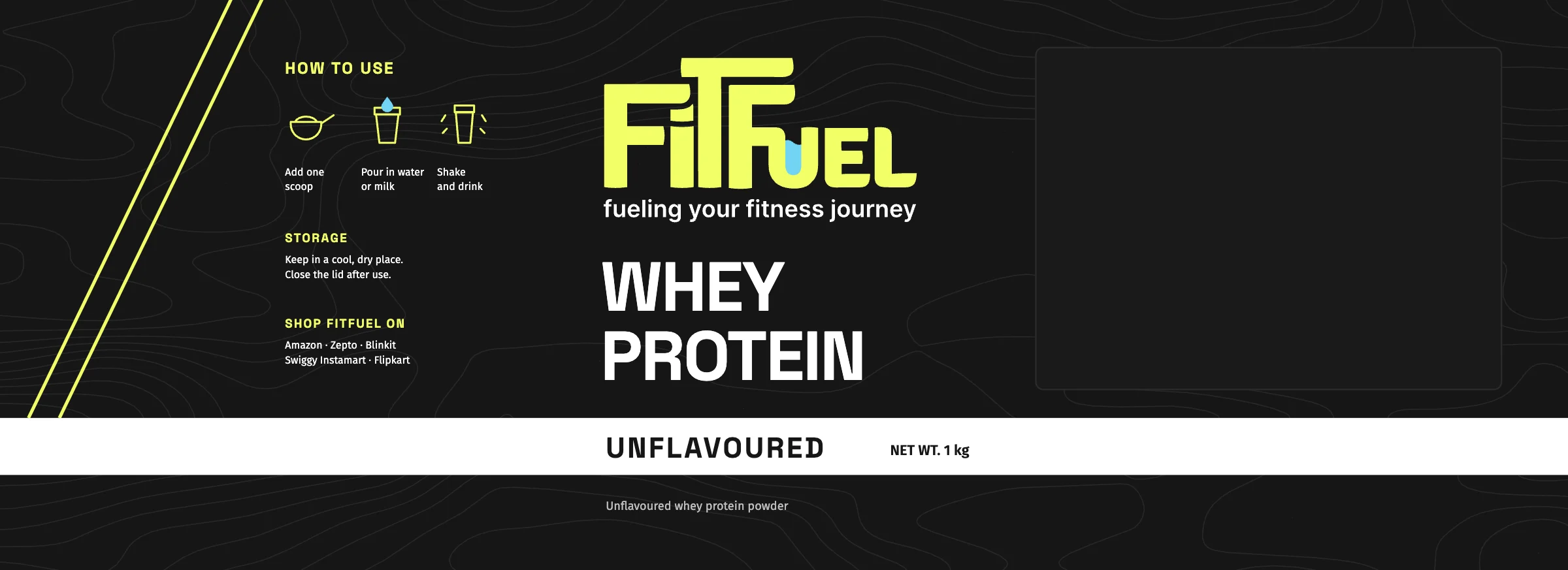 The unflavoured whey label, flat, with a white band