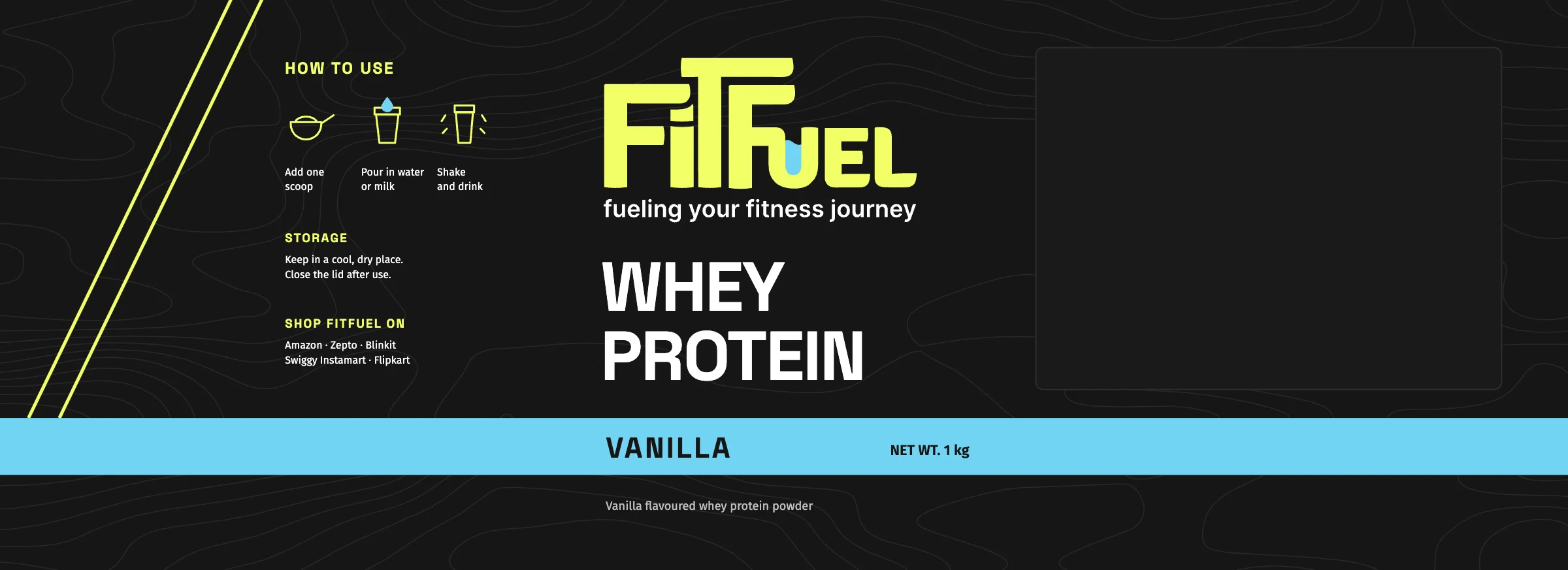 The vanilla whey label, flat, with a cyan band