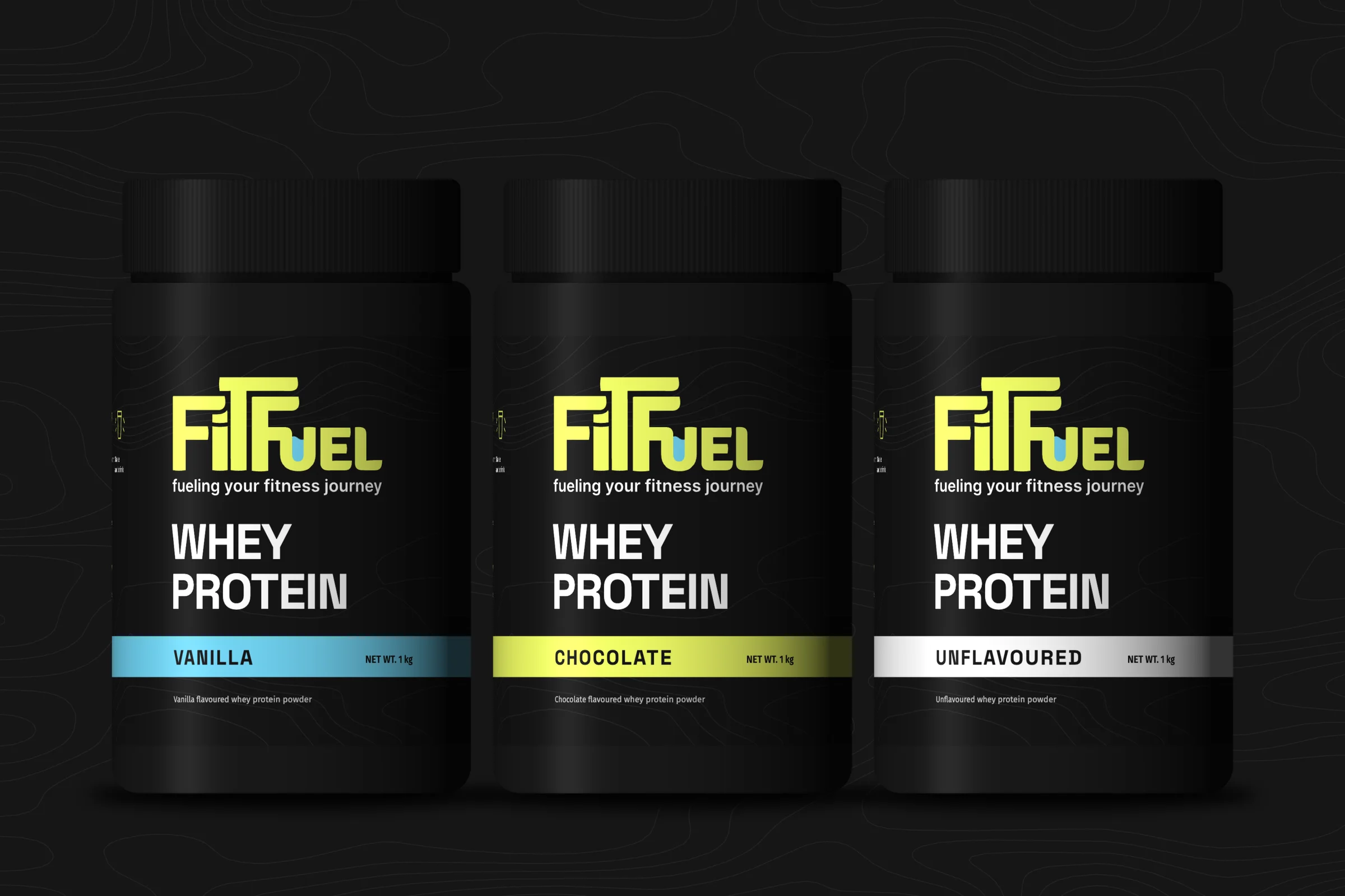 Three FitFuel whey protein tubs in black, banded vanilla cyan, chocolate lime and unflavoured white