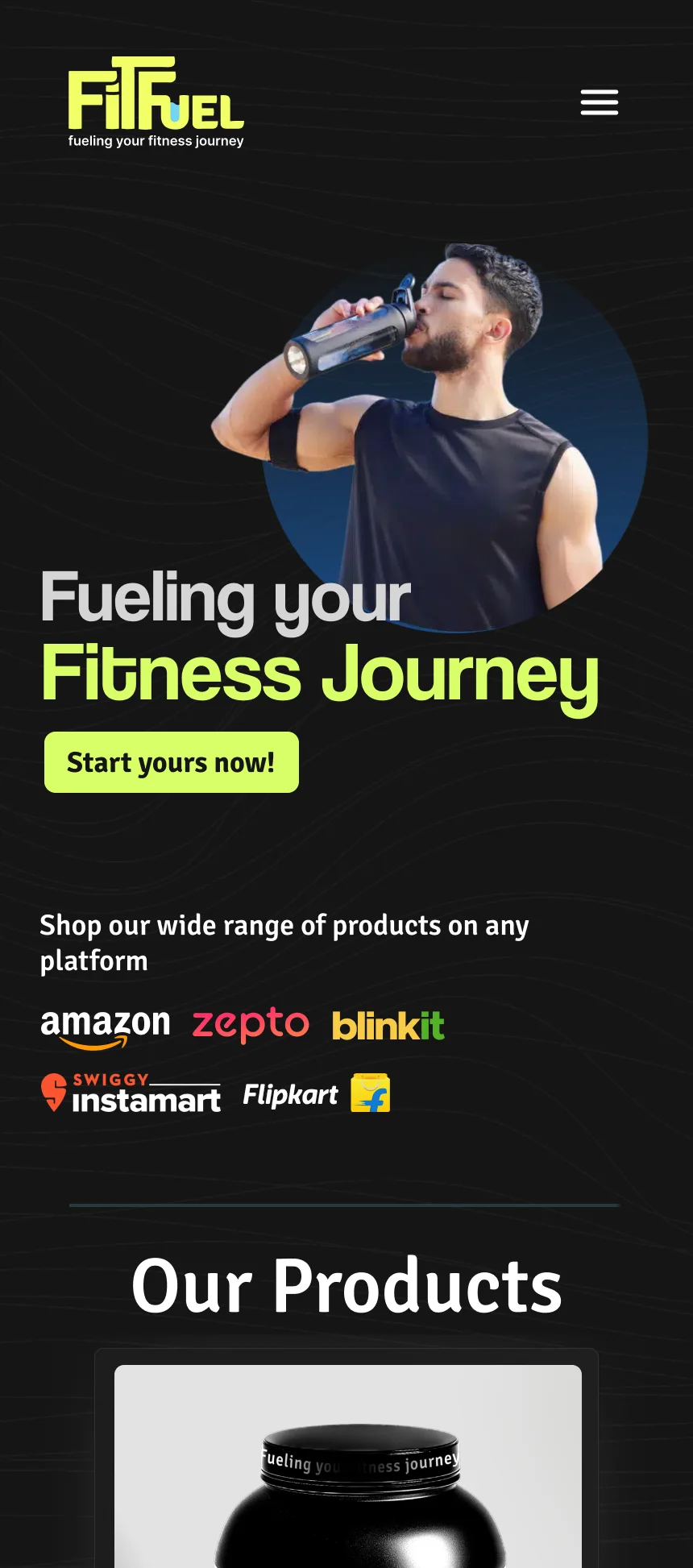 FitFuel's mobile home page: “Fueling your Fitness Journey”, a Start yours now button, the shopping apps, then Our Products