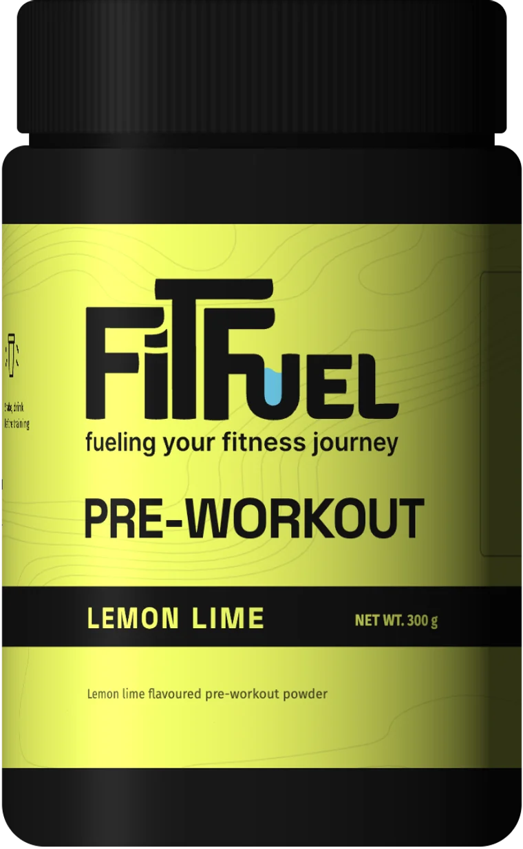 The pre-workout tub: black, wrapped in a lime label with the wordmark in black and a black flavour band