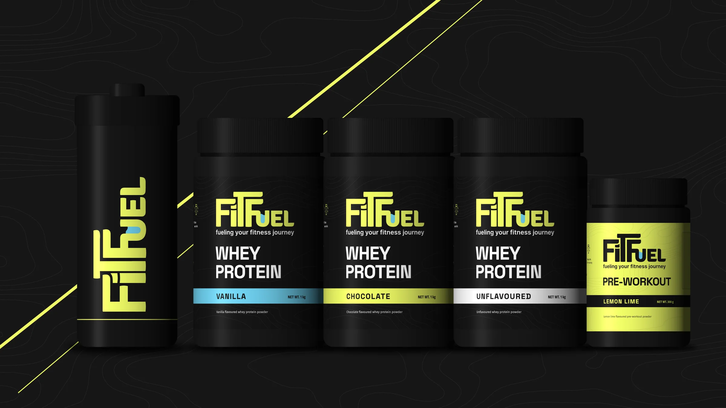 The range together: the shaker, three whey tubs and the lime pre-workout tub, with a lime court line cutting behind