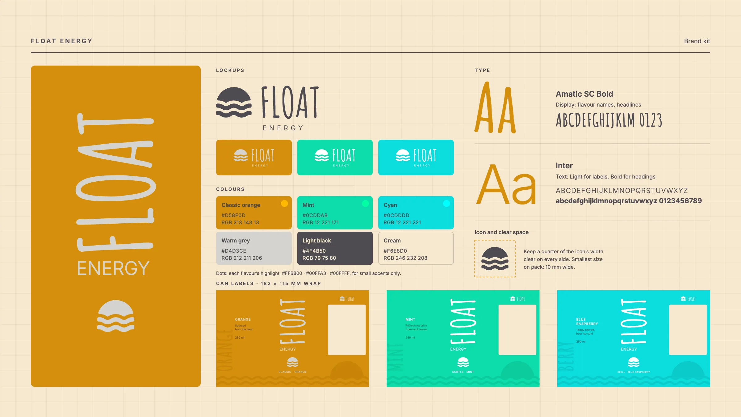 The Float Energy brand board: lockups, the six colours with their values, Amatic SC and Inter, the icon's clear space and the three can labels
