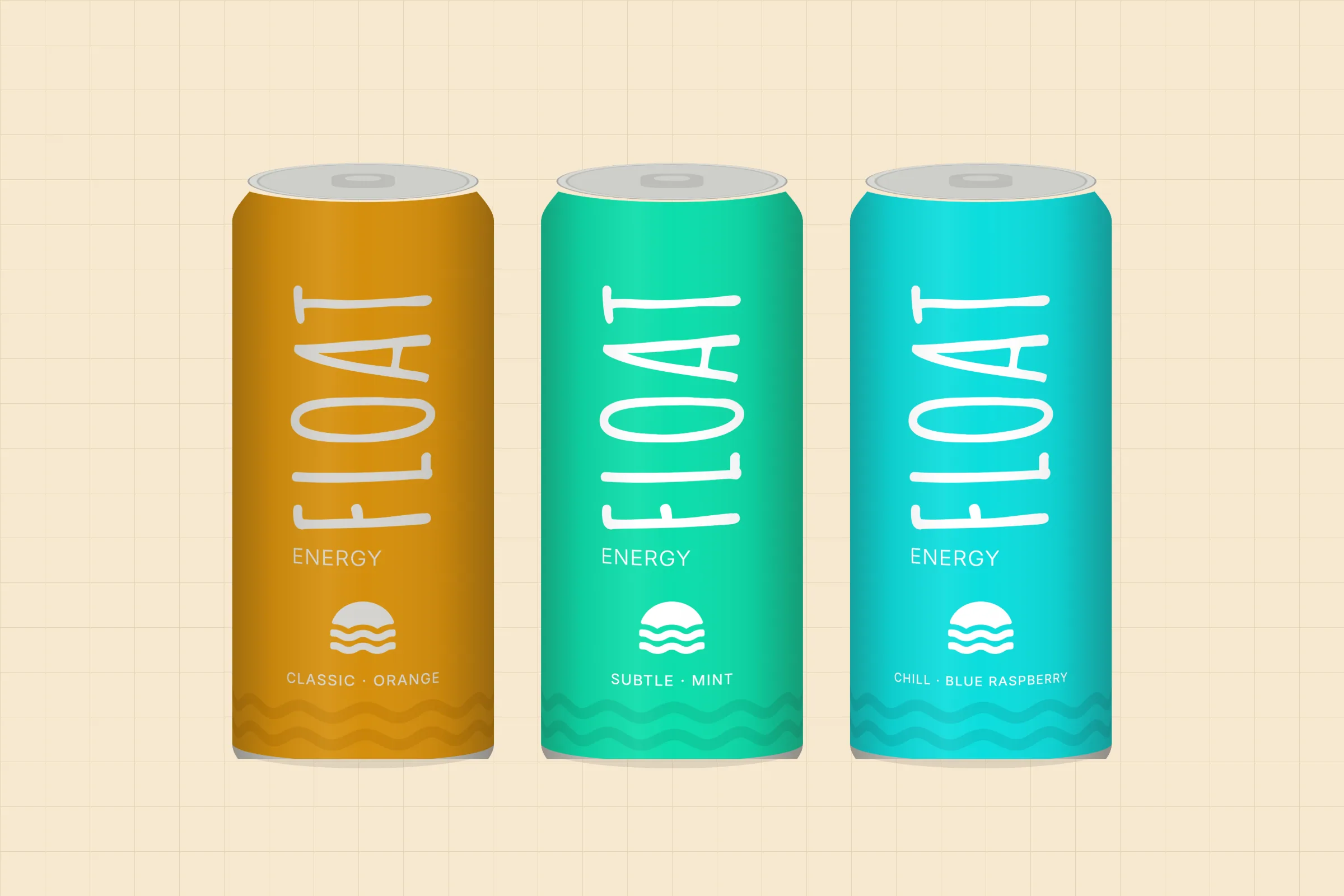 Float Energy’s three cans, orange, mint and cyan, on a cream grid