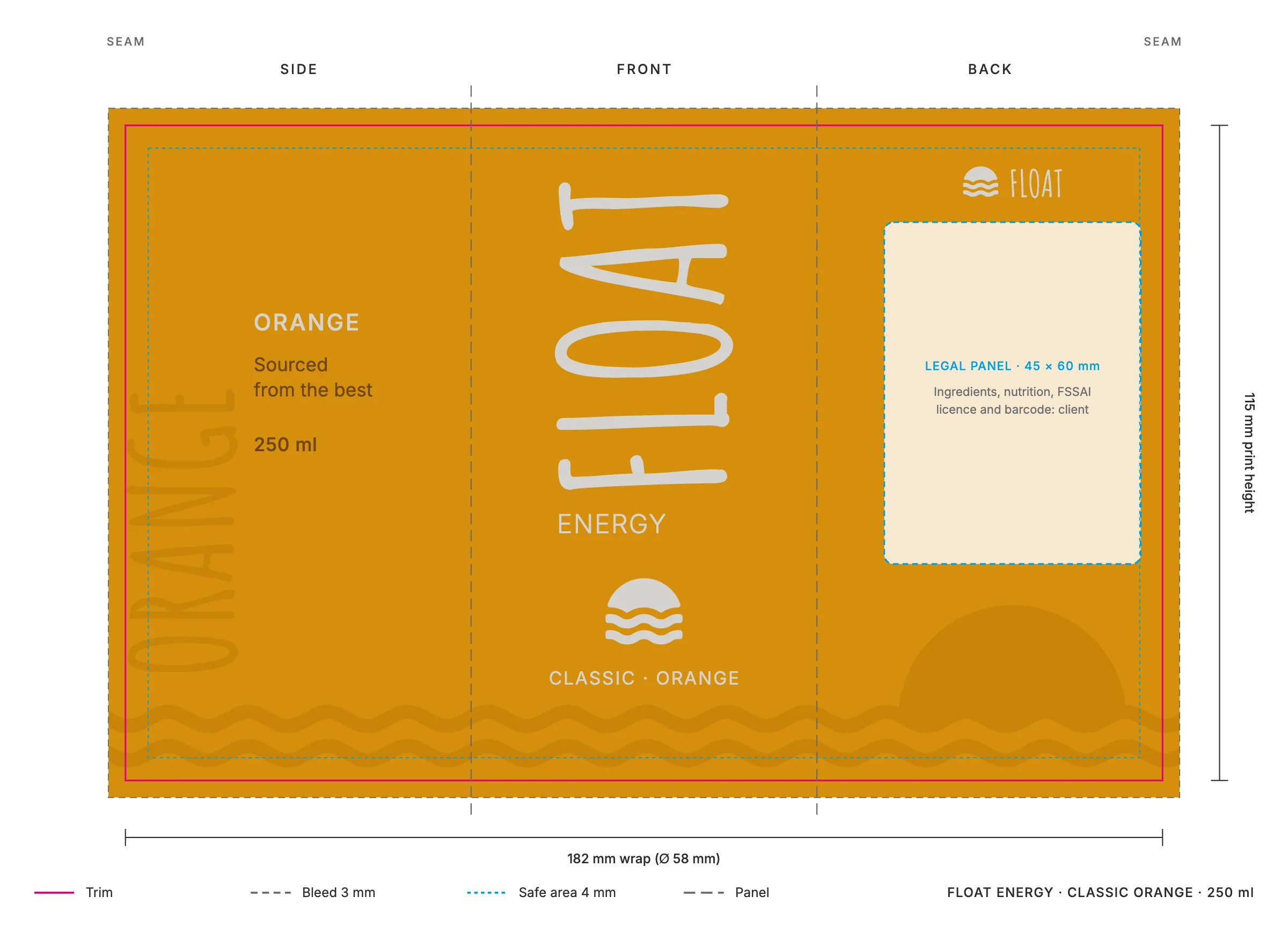 The Classic Orange label with its print marks: trim, 3 mm bleed, safe area, the side, front and back panels and the 45 by 60 mm legal panel